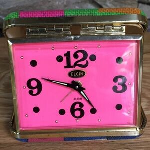 Vintage ELGIN PINK Travel Alarm Clock 70s Bright Color